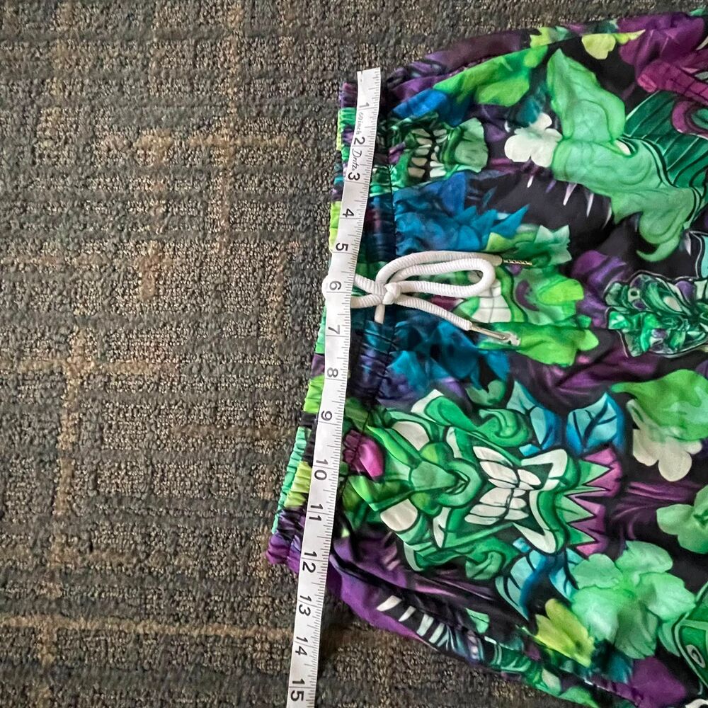 Men's Size S Tiki God Hawaiian Swim Shorts Purple Green Board Shorts Trunks - Picture 8 of 8